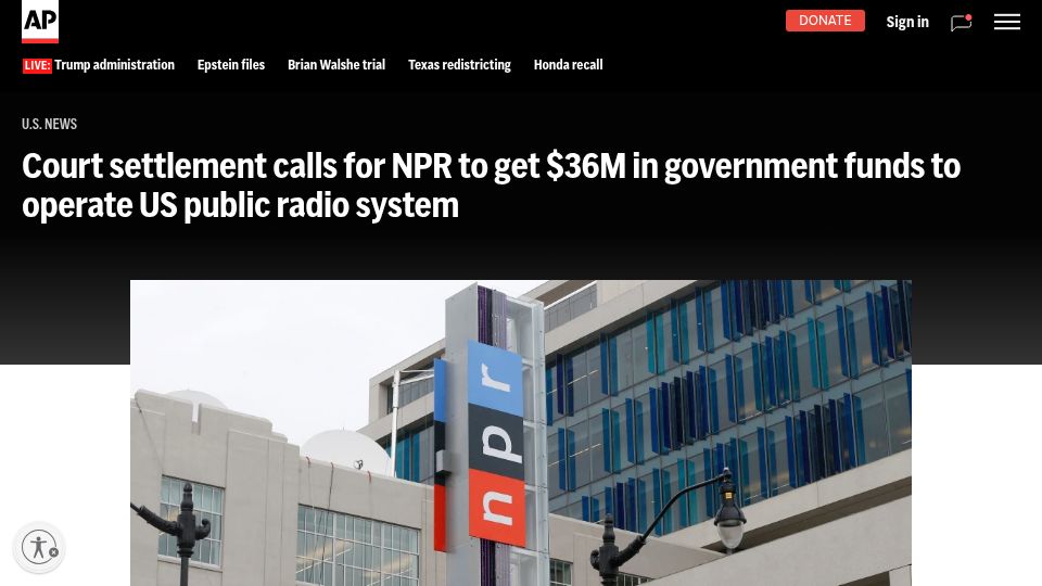 Screenshot of apnews.com: Court settlement calls for NPR to get $36M to operate US public radio system