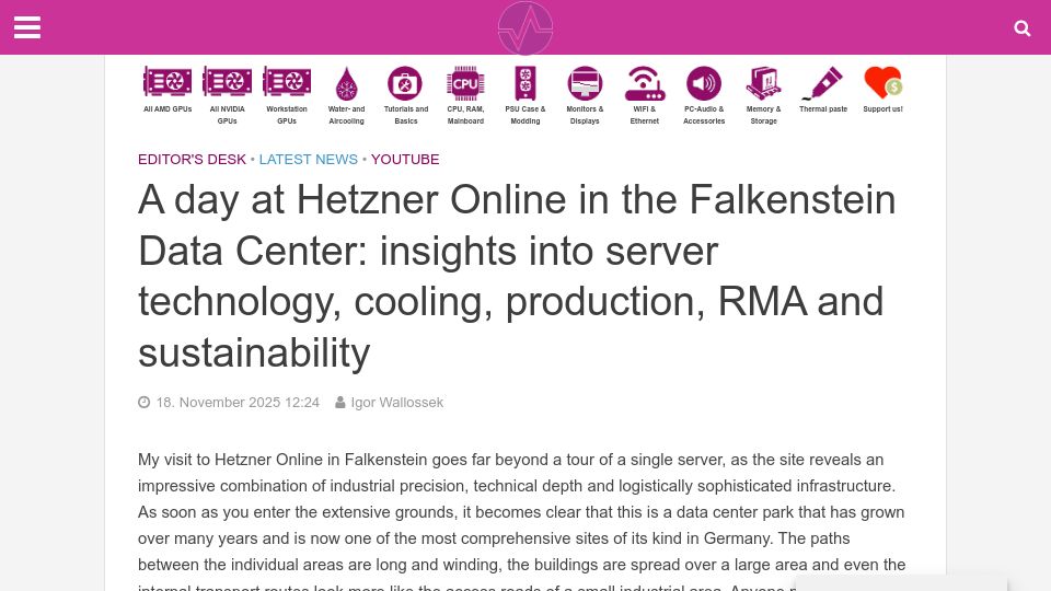 Screenshot of igorslab.de: A day at Hetzner Online in the Falkenstein data center