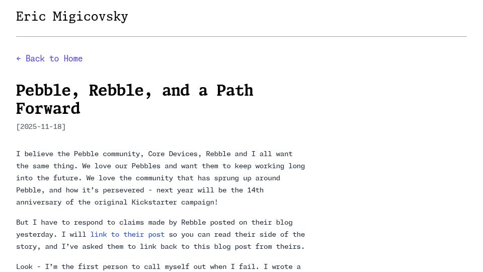 Screenshot of ericmigi.com: Pebble, Rebble, and a path forward