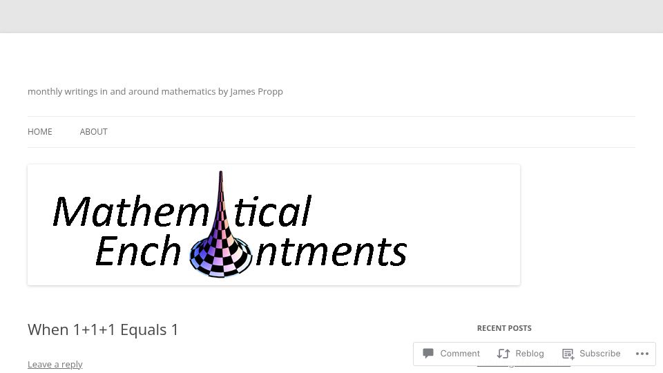 Screenshot of mathenchant.wordpress.com: When 1+1+1 Equals 1
