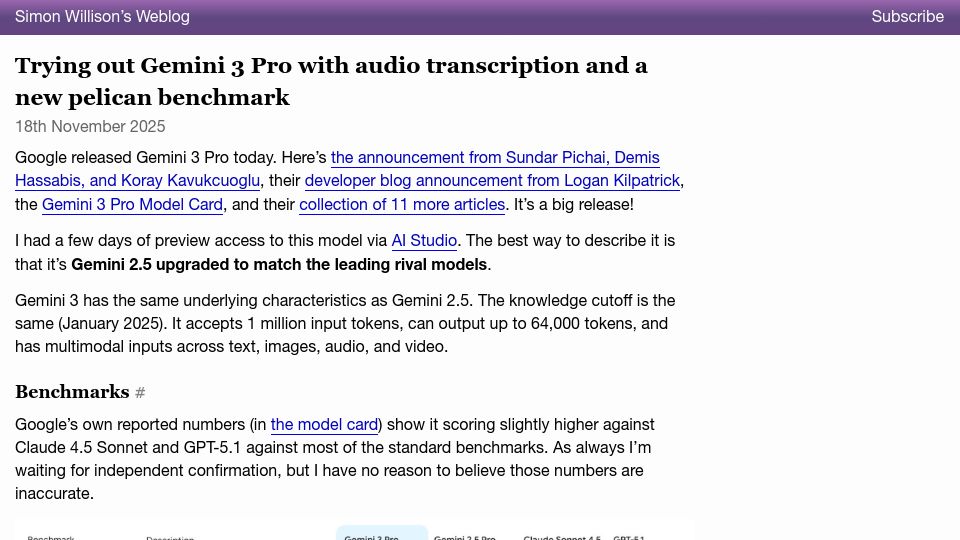 Screenshot of simonwillison.net: Trying out Gemini 3 Pro with audio transcription and a new pelican benchmark
