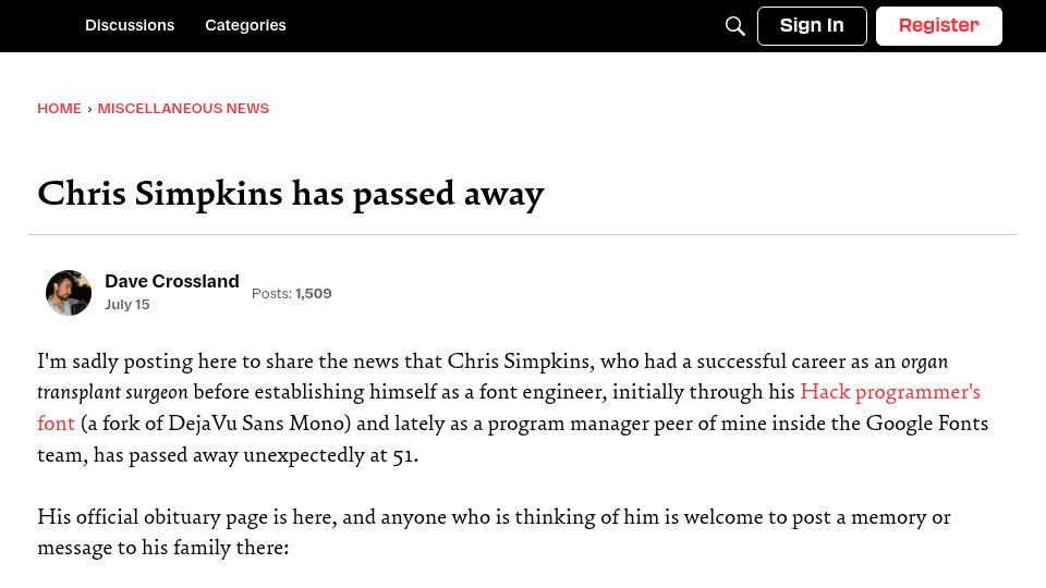 Screenshot of typedrawers.com: Chris Simpkins (designer of the Roboto font) has passed away