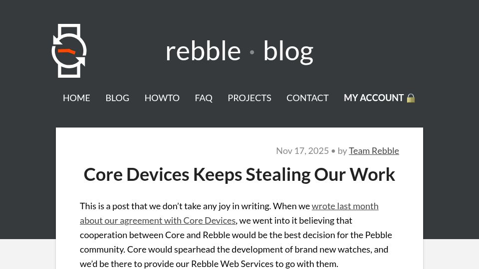 Screenshot of rebble.io: Core Devices keeps stealing our work
