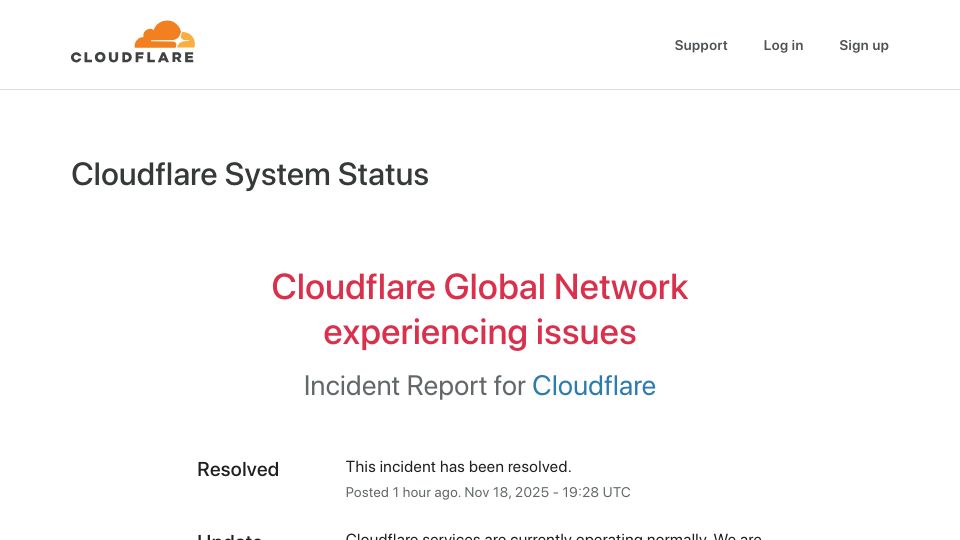Screenshot of cloudflarestatus.com: Cloudflare Global Network experiencing issues