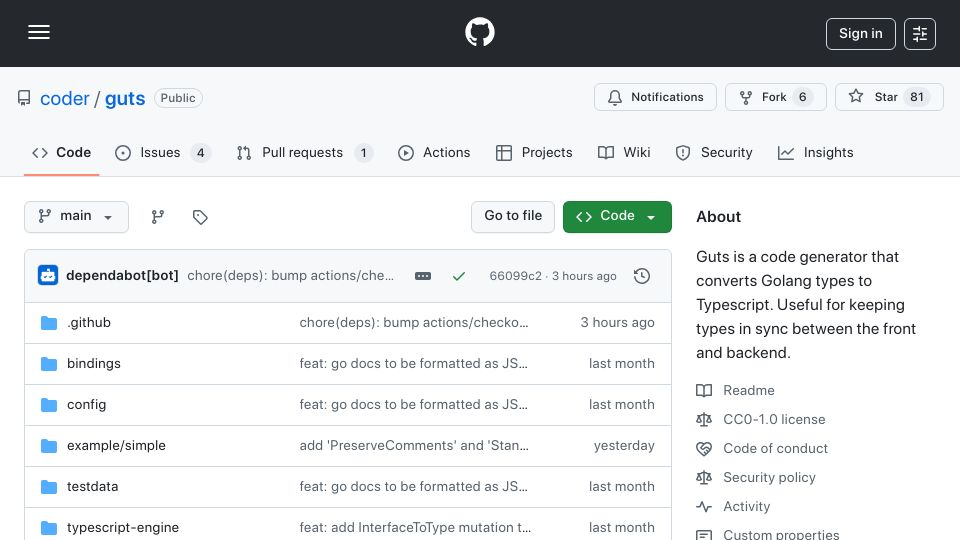 Screenshot of github.com: Show HN: Guts – convert Golang types to TypeScript
