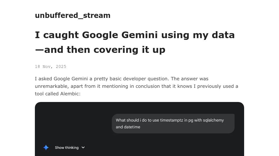 Screenshot of unbuffered.stream: I caught Google Gemini using my data and then covering it up