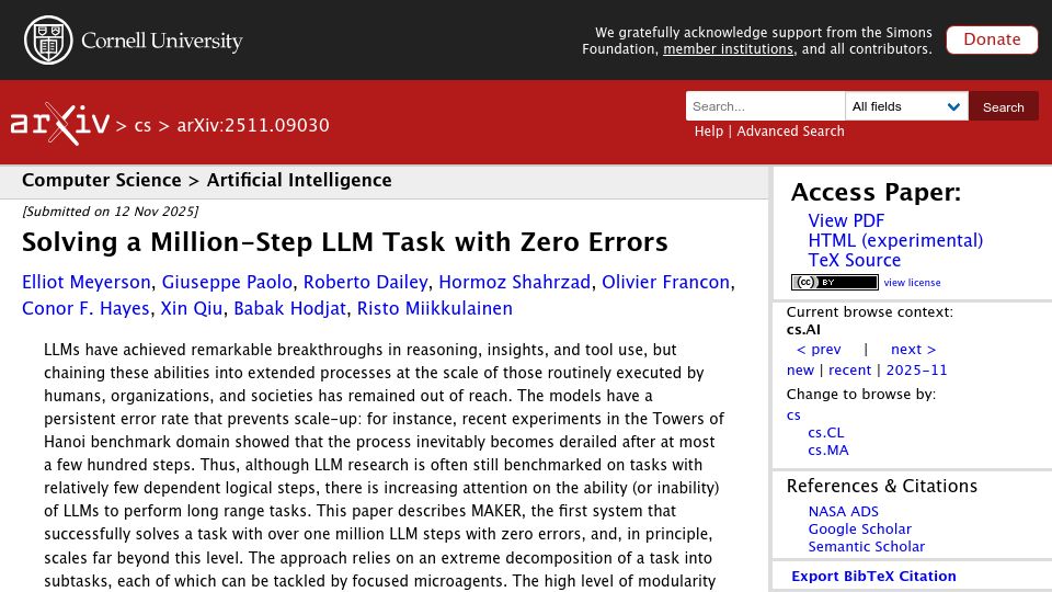 Screenshot of arxiv.org: Solving a million-step LLM task with zero errors