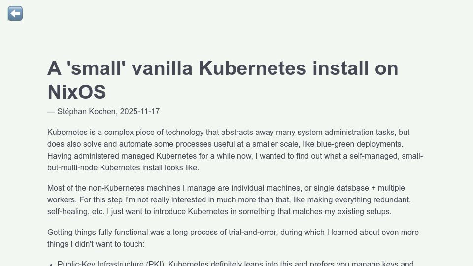 Screenshot of stephank.nl: A 'small' vanilla Kubernetes install on NixOS