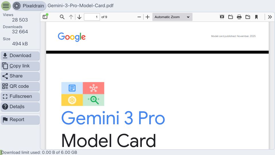 Screenshot of pixeldrain.com: Gemini 3 Pro Model Card