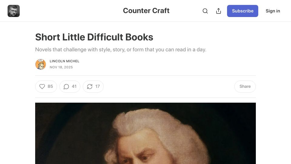 Screenshot of countercraft.substack.com: Short Little Difficult Books