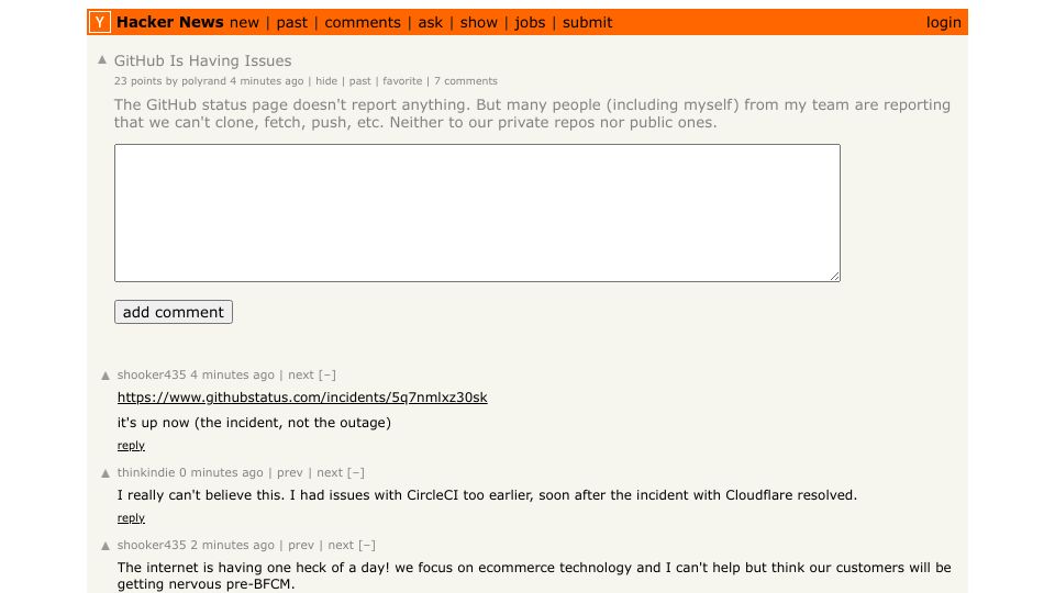 Screenshot of Hacker News post: GitHub Is Having Issues