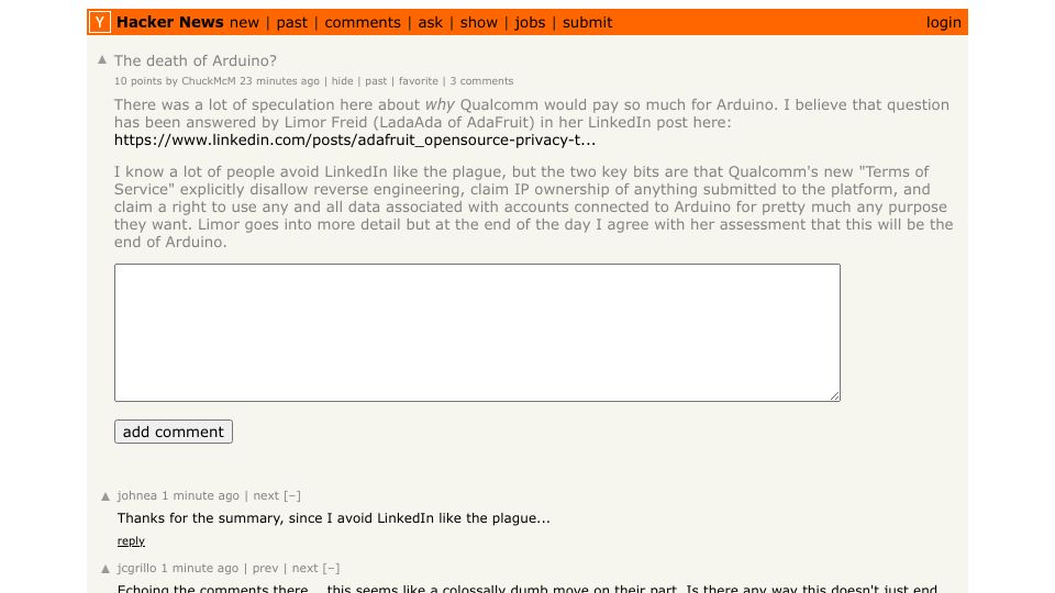Screenshot of Hacker News post: The death of Arduino?