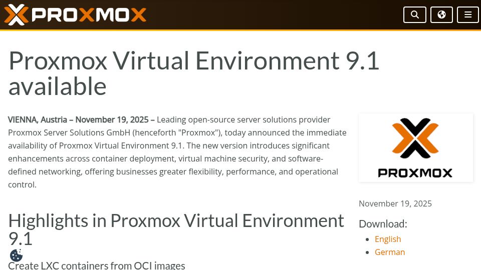 Screenshot of proxmox.com: Proxmox Virtual Environment 9.1 available