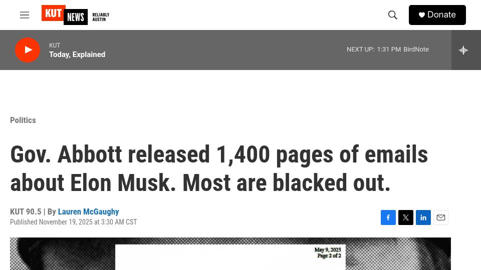 Screenshot of kut.org: Gov. Abbott's office redacts pages of emails about Elon Musk