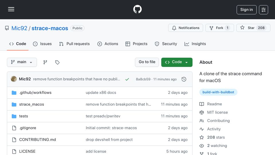 Screenshot of github.com: Strace-macOS: A clone of the strace command for macOS