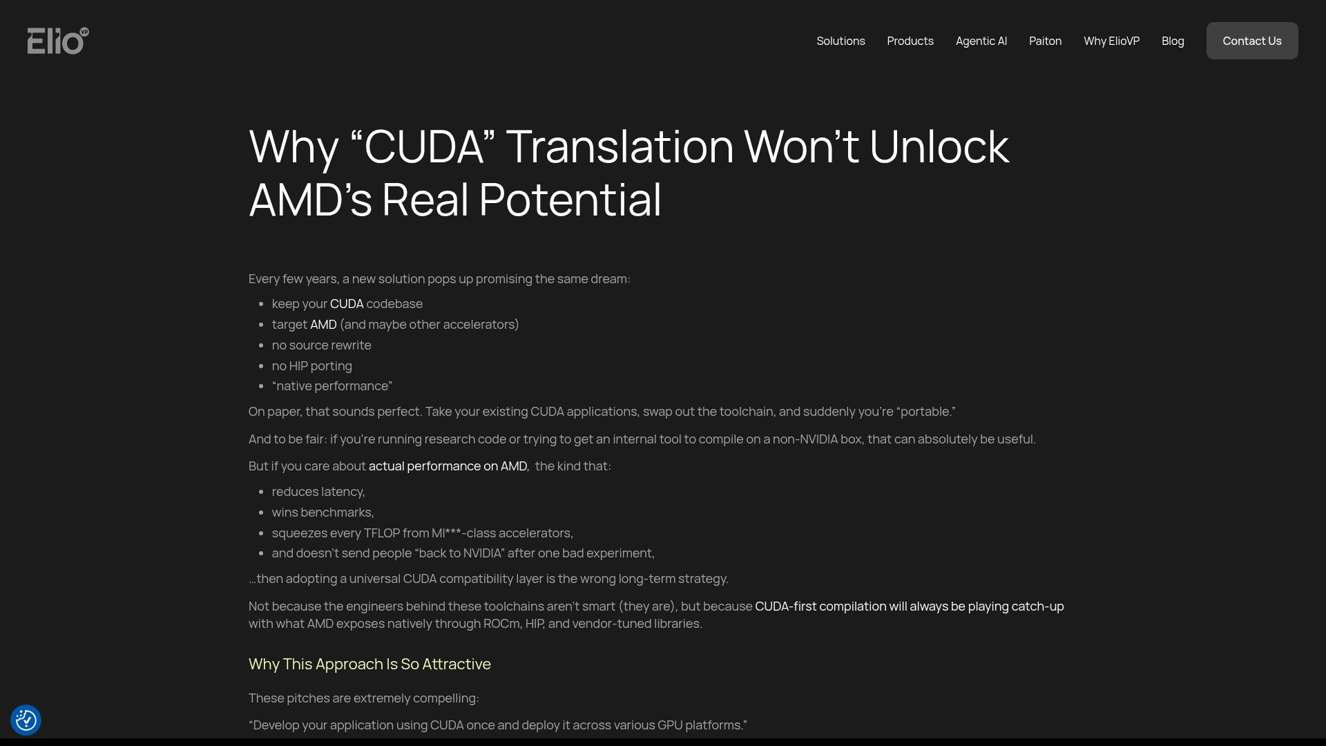 Screenshot of eliovp.com: Why CUDA translation wont unlock AMD