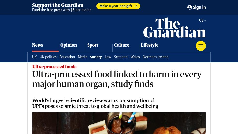 Screenshot of theguardian.com: Ultra-processed food linked to harm in every major human organ, study finds
