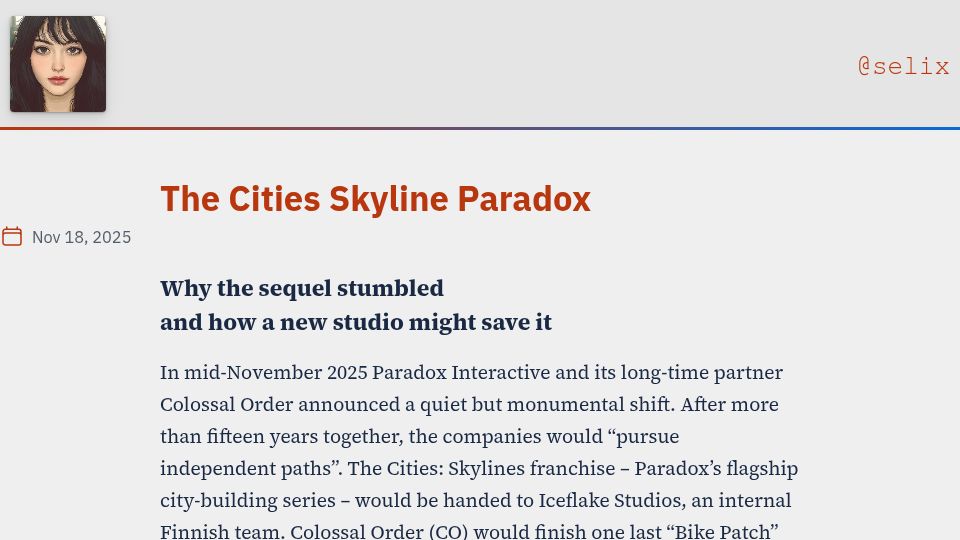 Screenshot of selix.net: The Cities Skylines Paradox: how the sequel stumbled