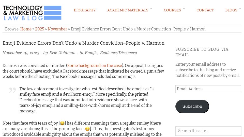 Screenshot of blog.ericgoldman.org: Emoji evidence errors don’t undo a murder conviction
