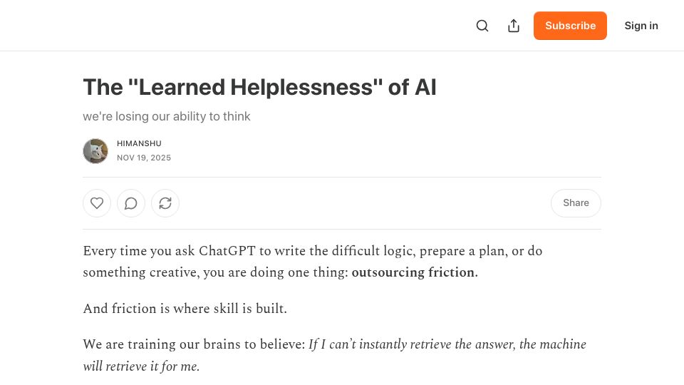 Screenshot of himanshusinghbisht.substack.com: The "Learned Helplessness" of AI