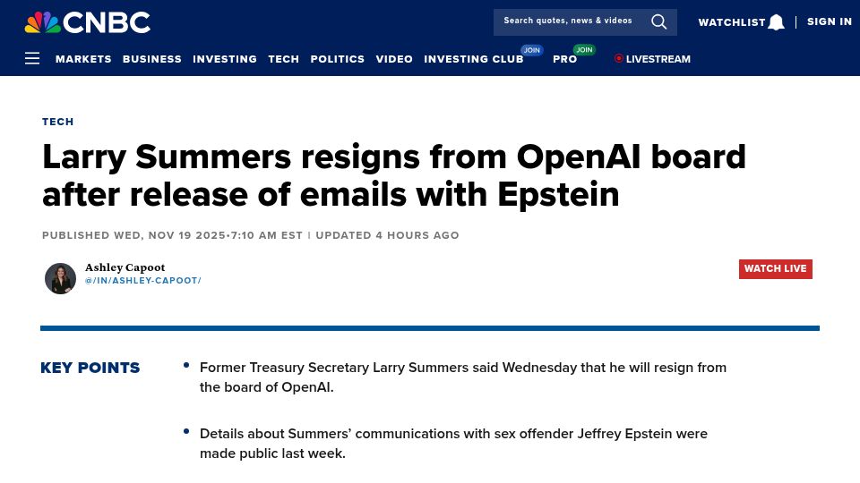 Screenshot of cnbc.com: Larry Summers resigns from OpenAI board