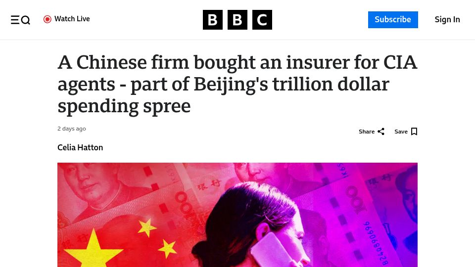 Screenshot of bbc.com: A Chinese firm bought an insurer for CIA agents