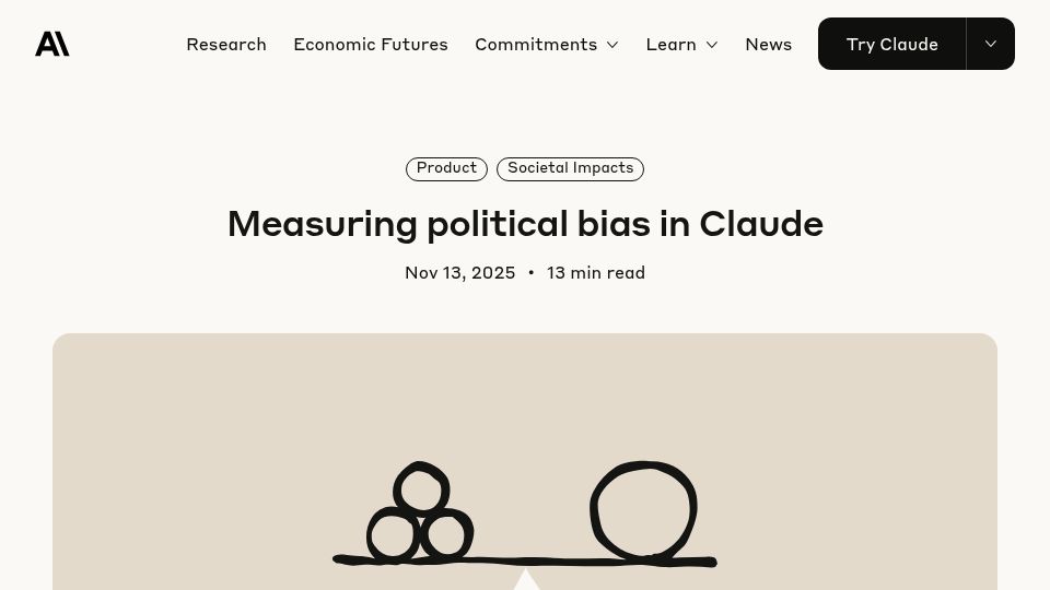 Screenshot of anthropic.com: Measuring political bias in Claude