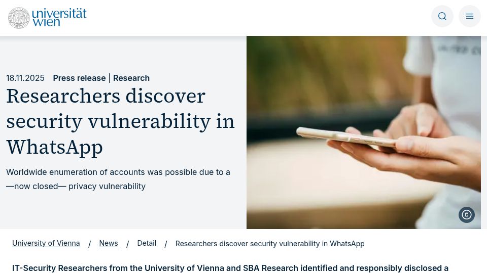 Screenshot of univie.ac.at: Researchers discover security vulnerability in WhatsApp