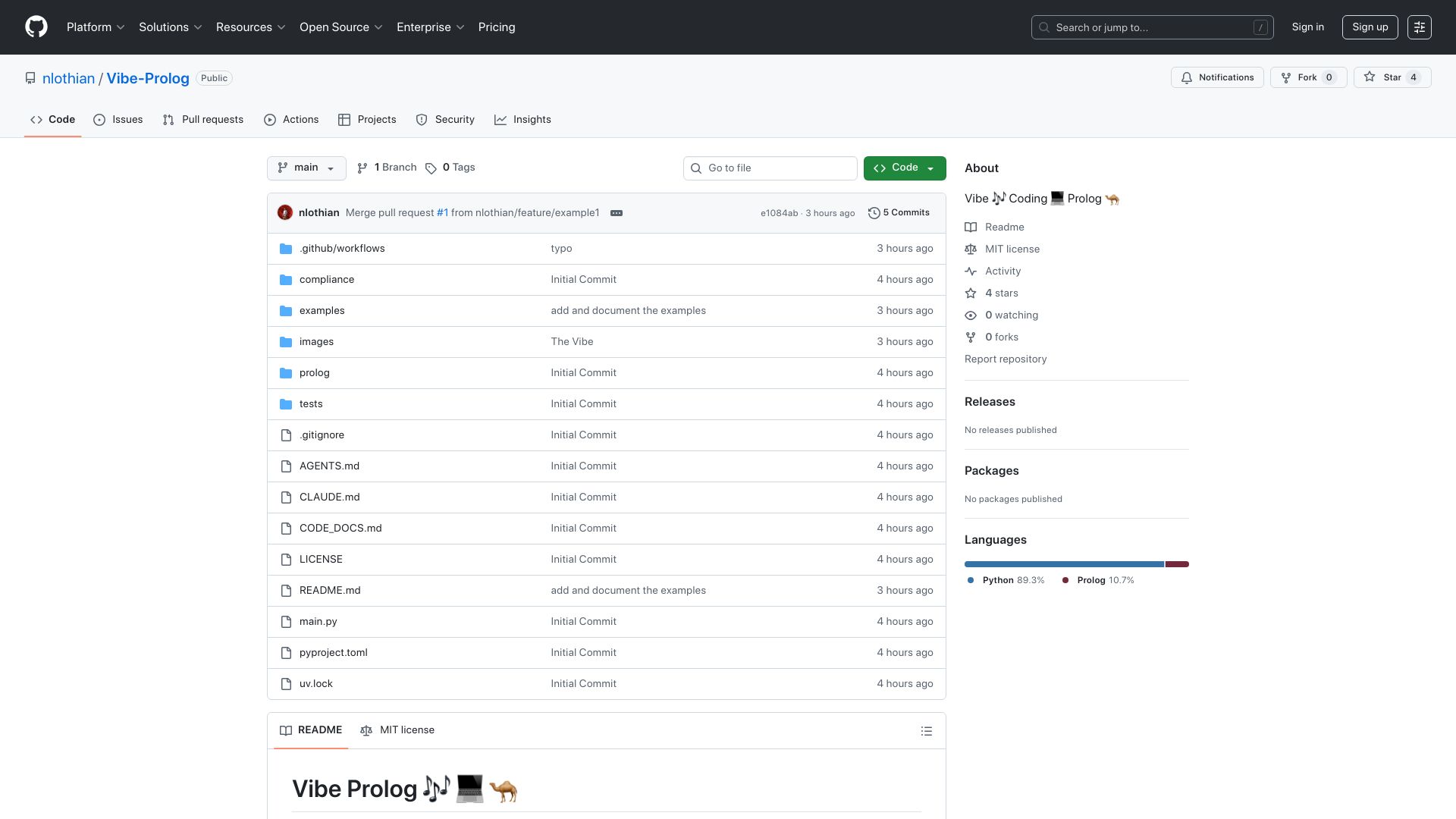 Screenshot of github.com: Show HN: Vibe Prolog