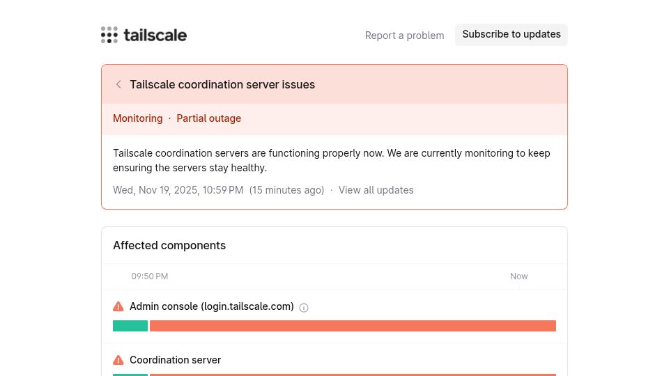 Screenshot of status.tailscale.com: Tailscale Down