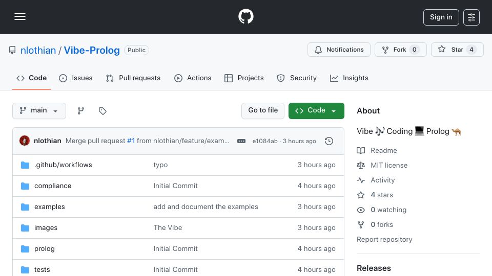 Screenshot of github.com: Show HN: Vibe Prolog