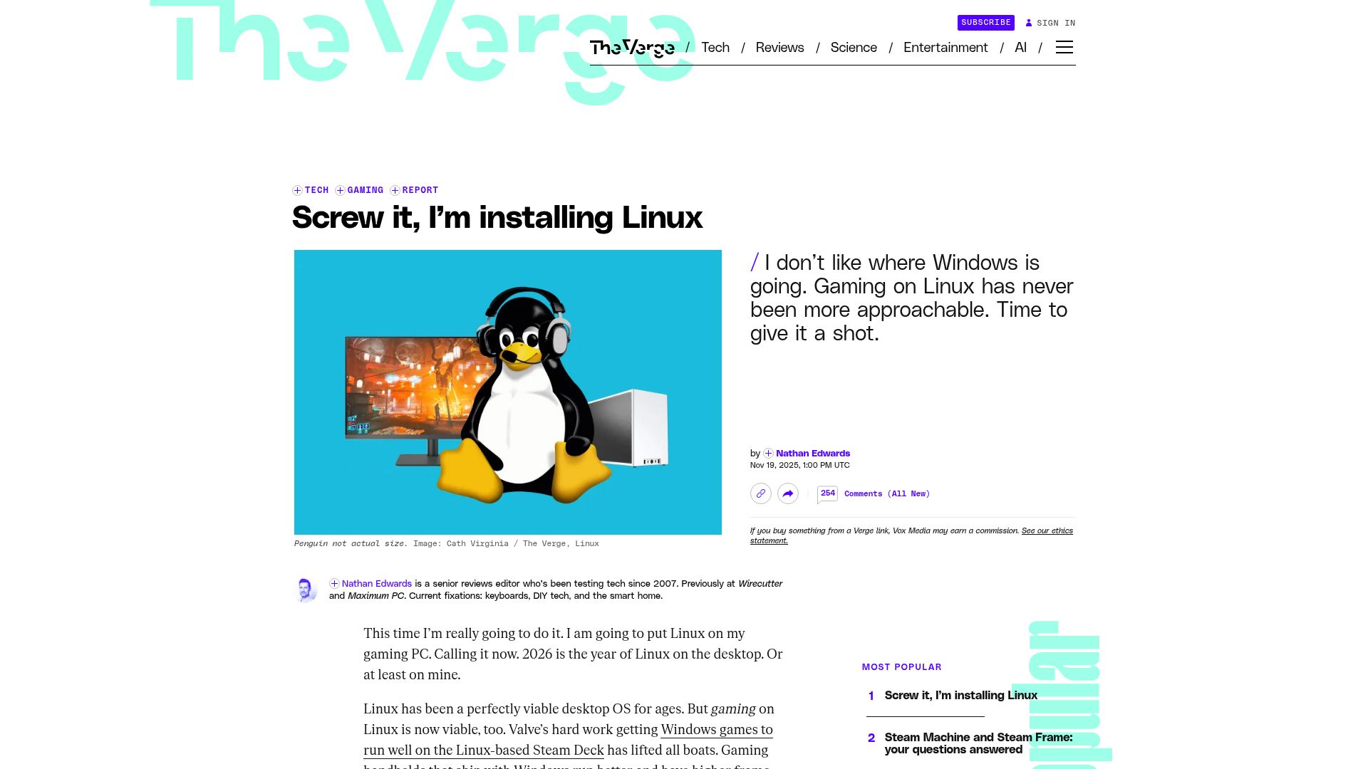 Screenshot of theverge.com: Gaming on Linux has never been more approachable