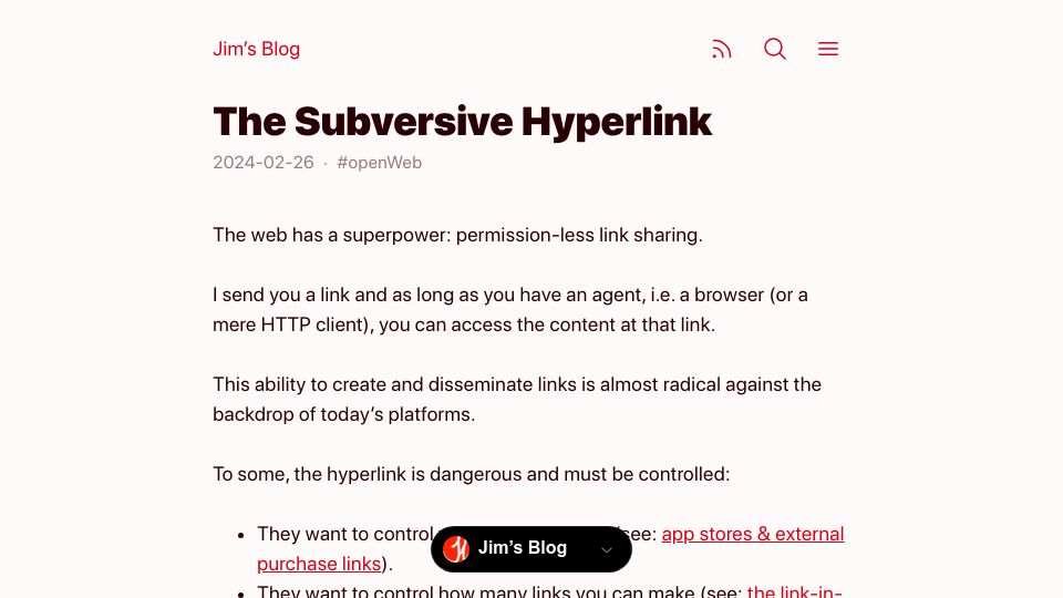 Screenshot of blog.jim-nielsen.com: The Subversive Hyperlink