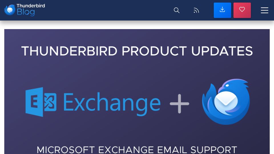 Screenshot of blog.thunderbird.net: Thunderbird adds native Microsoft Exchange email support