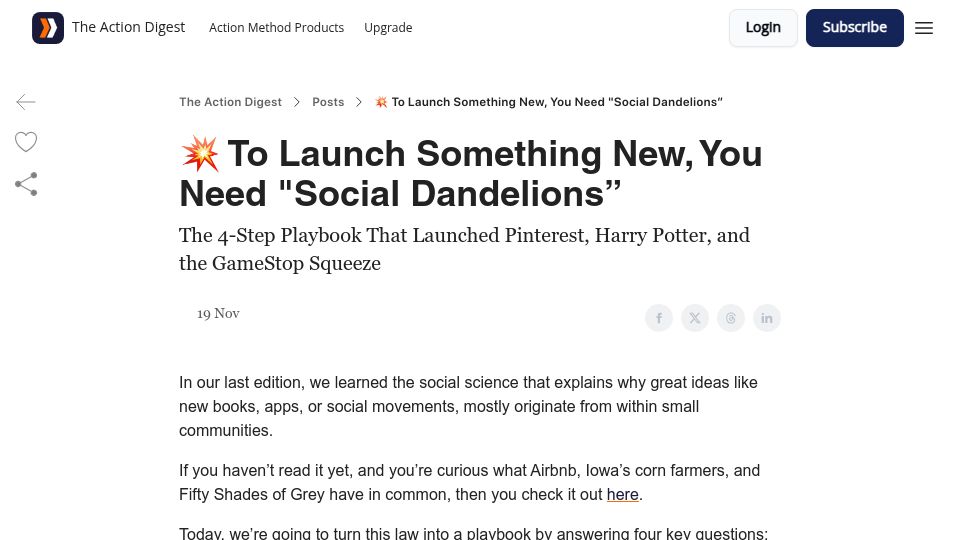 Screenshot of actiondigest.com: To launch something new, you need "social dandelions"