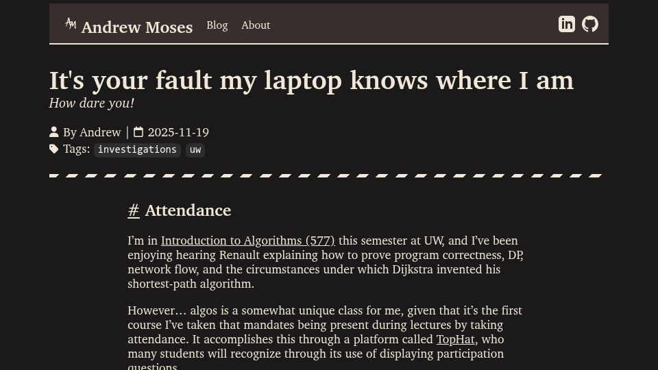 Screenshot of amoses.dev: Precise geolocation via Wi-Fi Positioning System