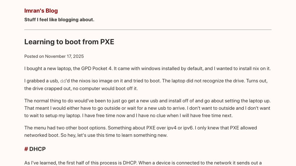 Screenshot of blog.imraniqbal.org: Learning to Boot from PXE
