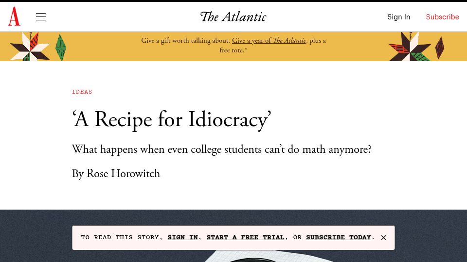 Screenshot of theatlantic.com: What happens when even college students can't do math anymore?
