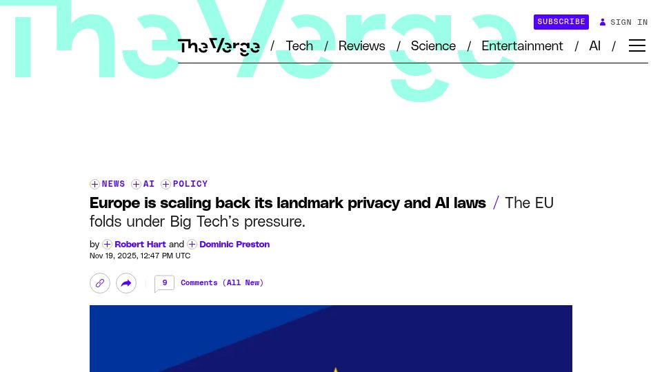 Screenshot of theverge.com: Europe is scaling back GDPR and relaxing AI laws