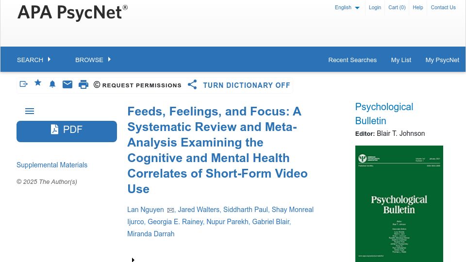 Screenshot of psycnet.apa.org: Cognitive and mental health correlates of short-form video use