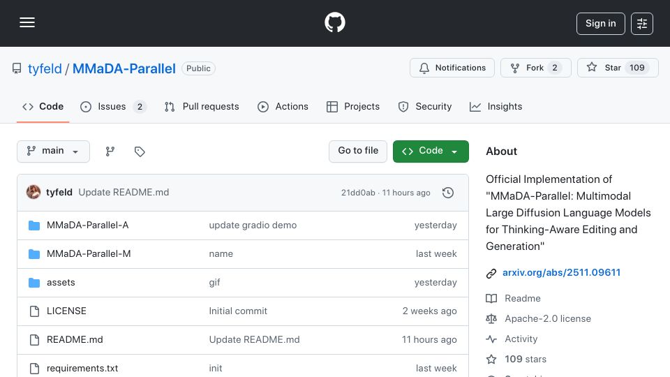 Screenshot of github.com: Multimodal Diffusion Language Models for Thinking-Aware Editing and Generation