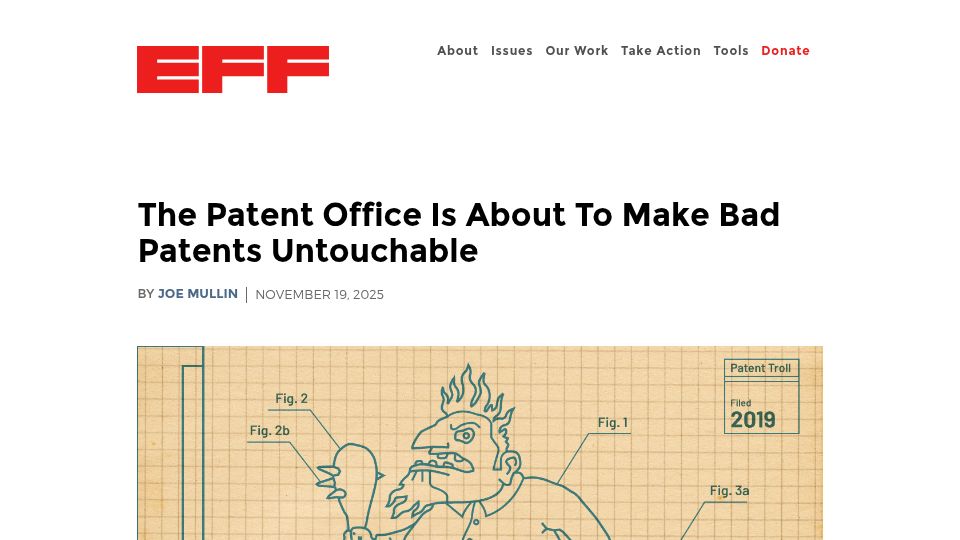 Screenshot of eff.org: The patent office is about to make bad patents untouchable