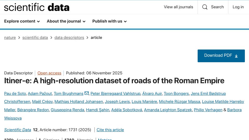 Screenshot of nature.com: Itiner-e: A high-resolution dataset of roads of the Roman Empire