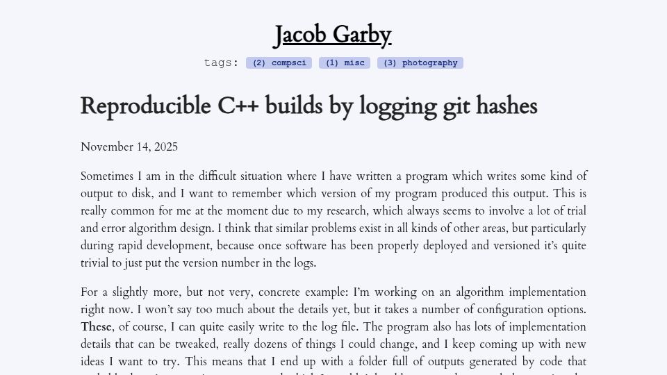 Screenshot of jgarby.uk: Reproducible C++ builds by logging Git hashes