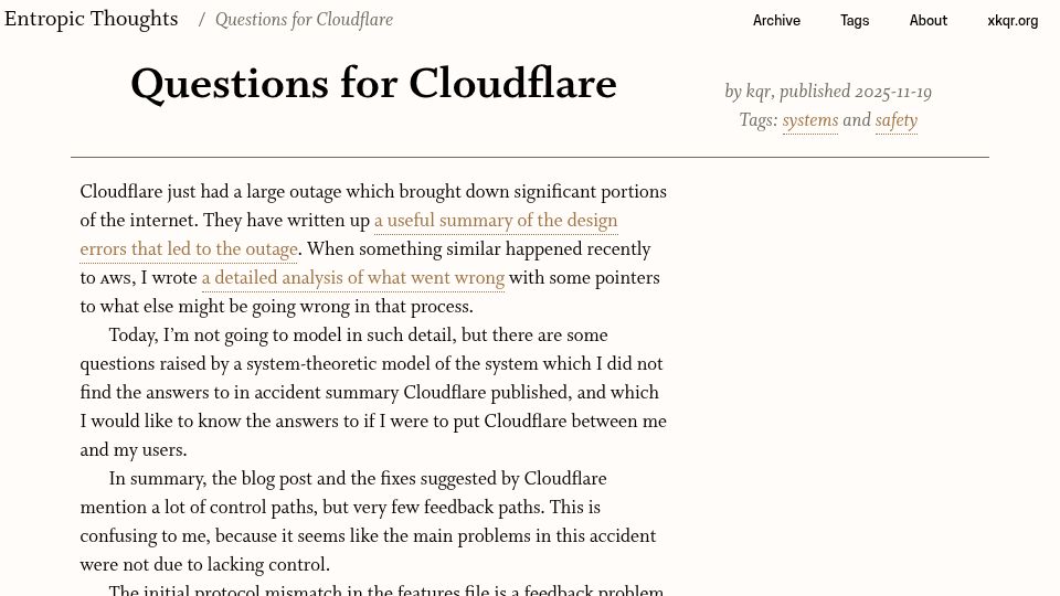Screenshot of entropicthoughts.com: Questions for Cloudflare