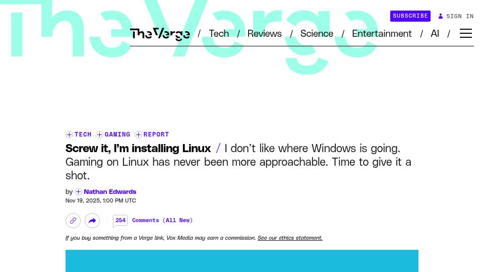 Screenshot of theverge.com: Gaming on Linux has never been more approachable