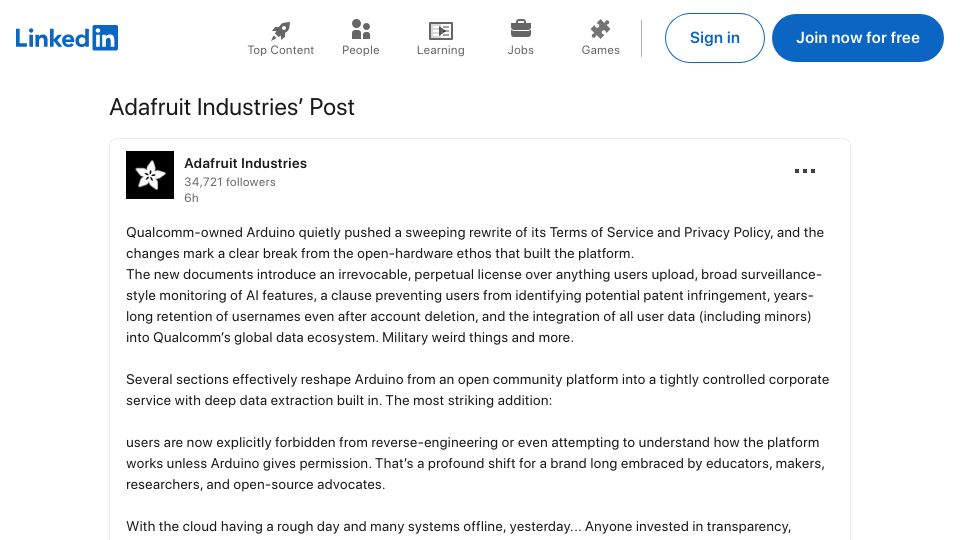 Screenshot of linkedin.com: The Death of Arduino?