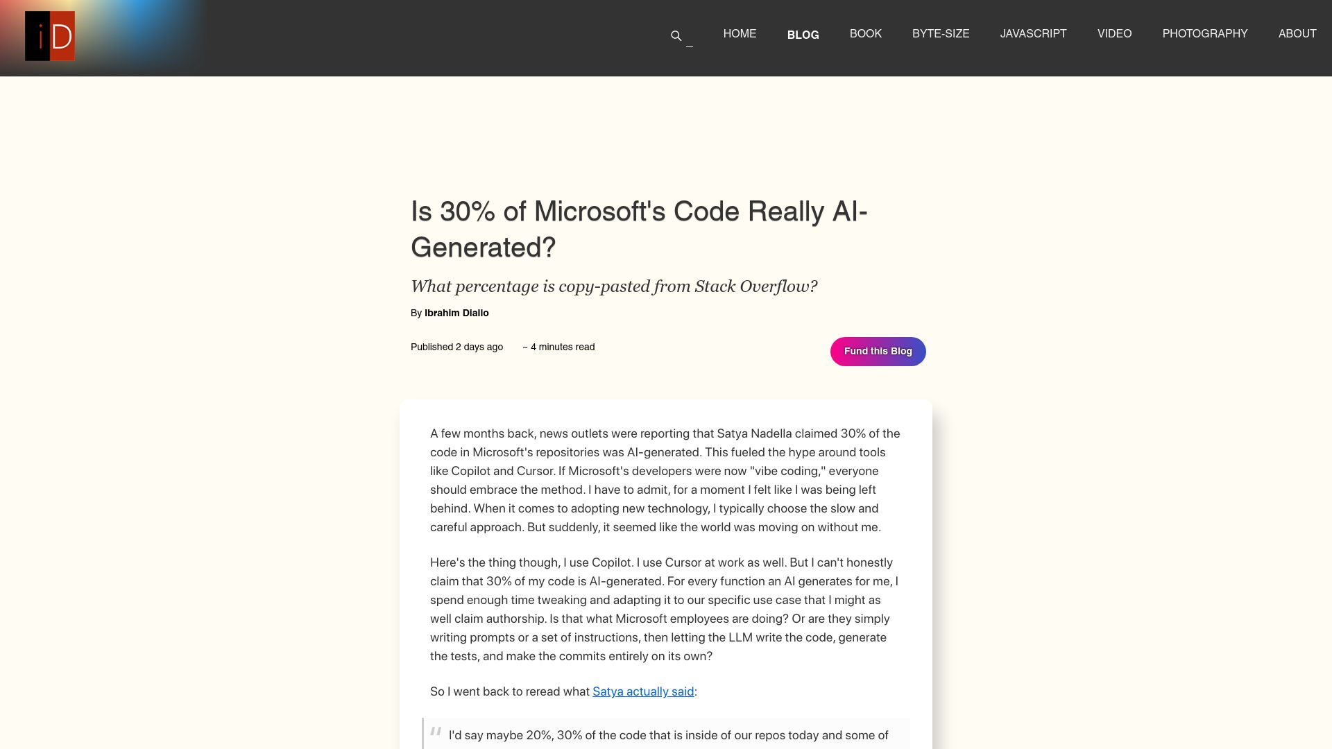 Screenshot of idiallo.com: Is 30% of Microsoft's code AI-generated?