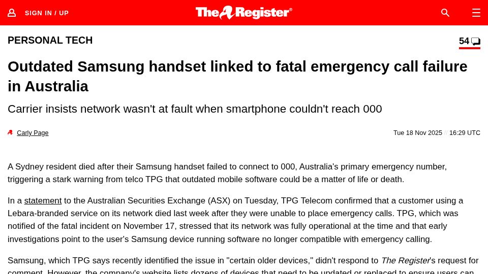 Screenshot of theregister.com: Outdated Samsung handset linked to fatal emergency call failure in Australia