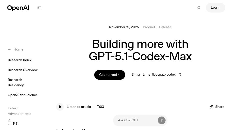 Screenshot of openai.com: Building more with GPT-5.1-Codex-Max